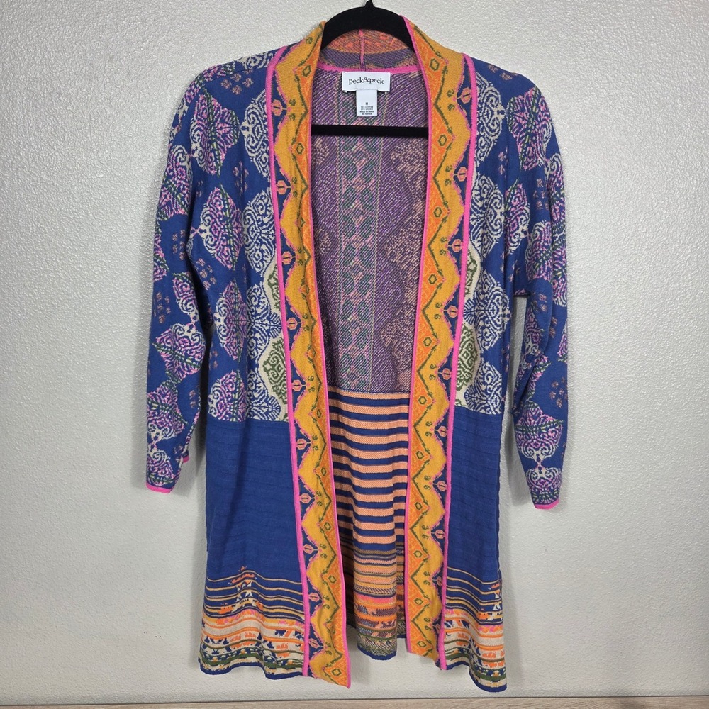 Peck & Peck Women's M Colorful Jacquard Long Cardigan Duster Boho Cotton